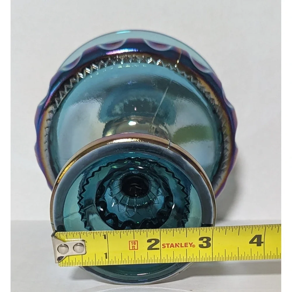 Vintage Indiana Glass King's Crown Blue Carnival Glass Compote Thumbprint 5.75